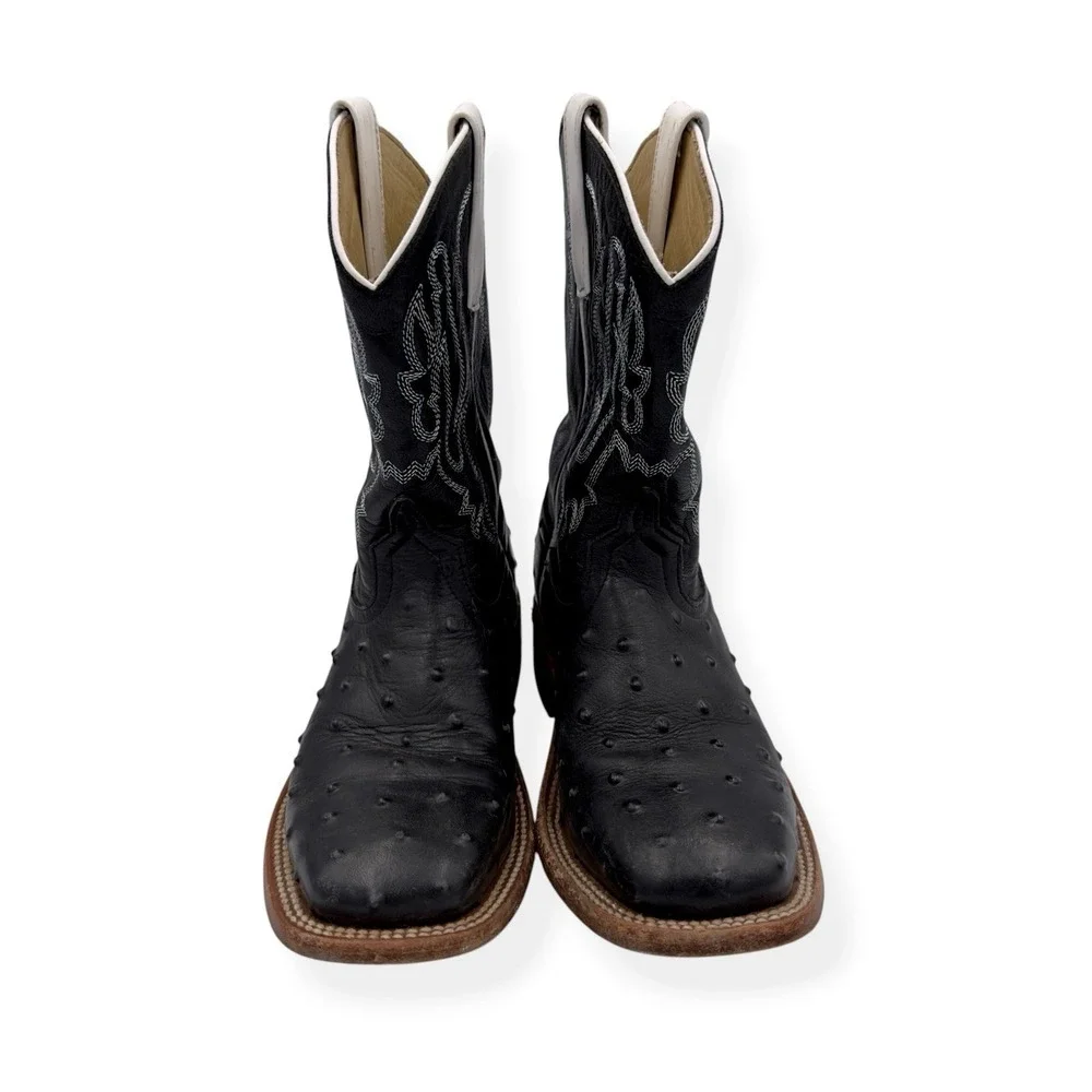 Anderson Bean Kids Leather Cowboy Boots Impostrich Size 2 Black Square Toe 3015